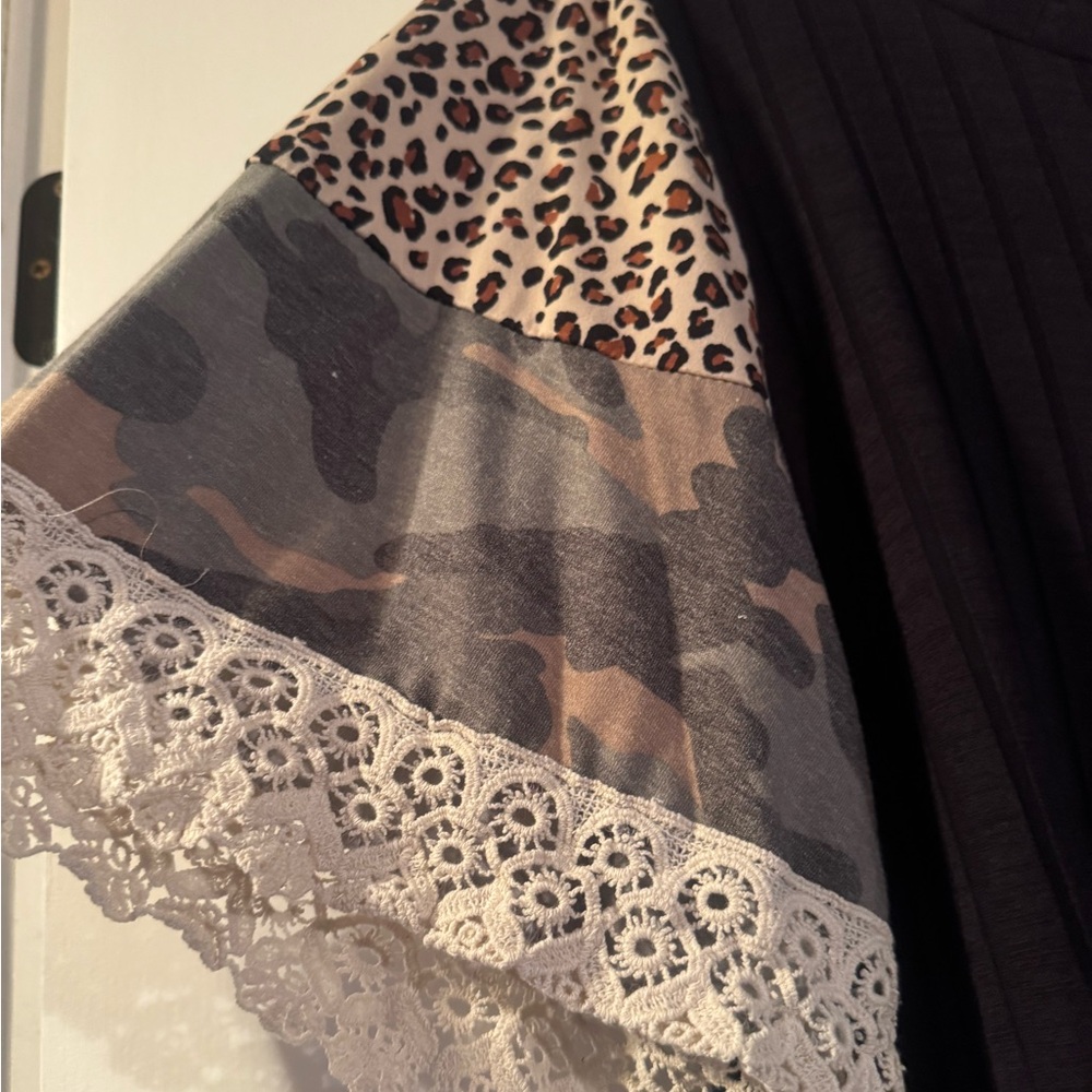 EUC Haptics Black Top with Leopard, Camo and Lace Sleeves - Picture 2 of 7